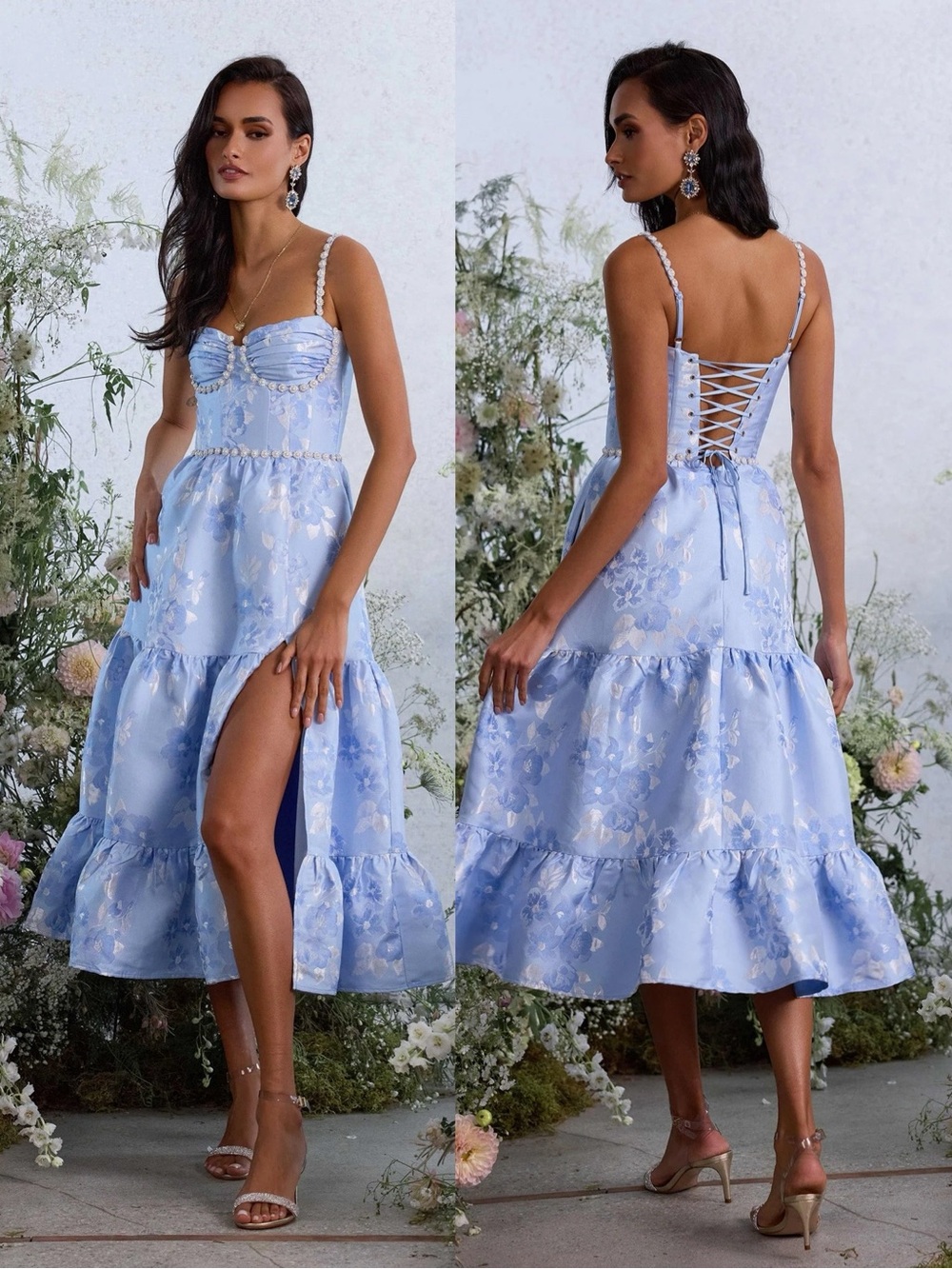 V. Chapman Lorenza Tiered Corset Midi Dress Chambray Blue Baroque NEW with tags